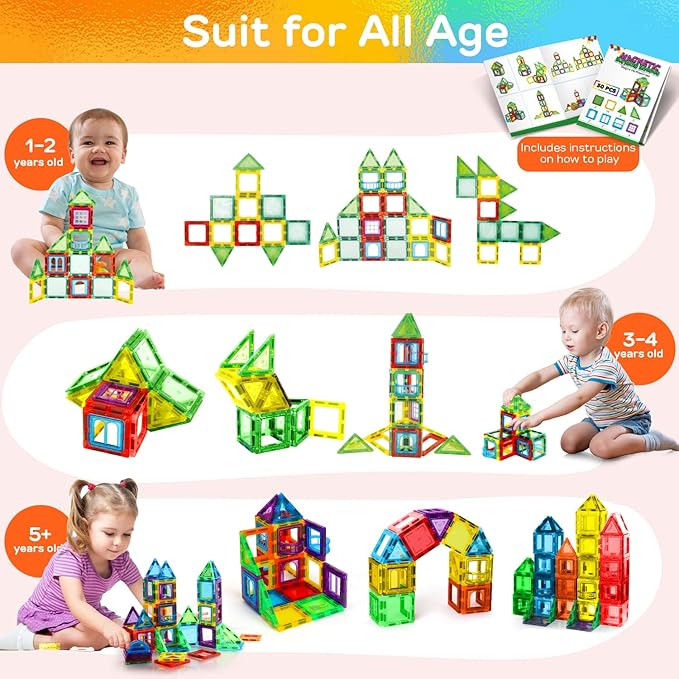 TOY Life Magnetic Tiles for Toddlers 3-5 120 Pcs Magnet Blocks for Kids Ages 4-8 STEM Tile Building Toys Birthday Gift for Boys and Girls