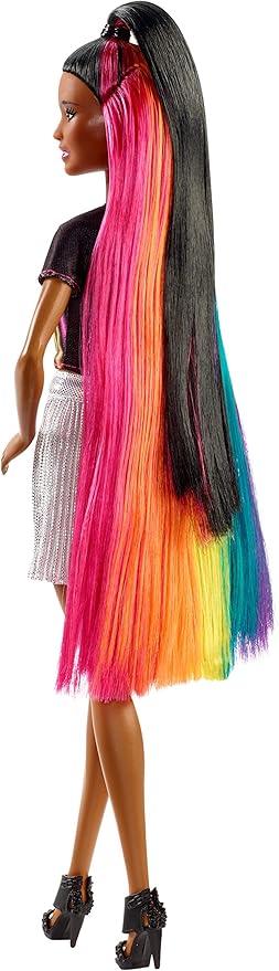 Barbie Rainbow Sparkle Hair Doll Featuring Extra-Long 7.5-inch Brunette Hair with a Hidden Rainbow of Five Colors, Sparkle Gel and Comb and Hairstyling Accessories, Gift for 5 to 7 Year Olds