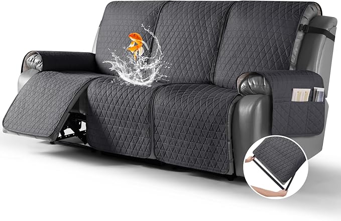 TAOCOCO 100% Waterproof Recliner Sofa Cover-Non Slip Split Couch Covers for Reclining Couches with Elastic Straps,Couch Covers for 3 Cushion Couch Sofa Pet Friendly(Black Gray, 3 Seater)