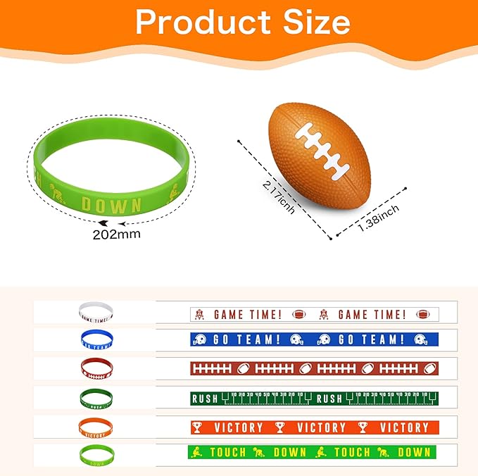 Sumind 48 Pcs Football Party Favors Include Mini Football Stress Balls and Sports Silicone Charm Bracelets Rugby Silicone Wristbands for Sports Themed Birthday Party Reward