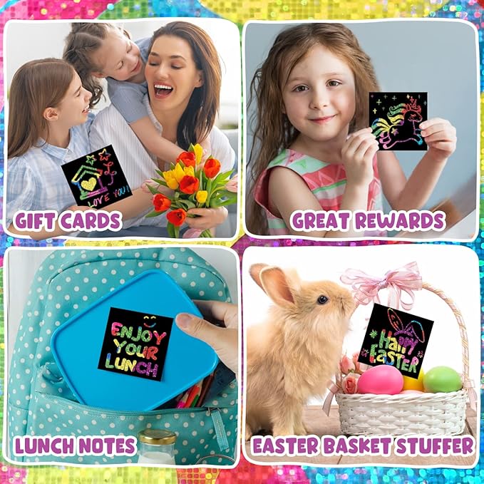 ZMLM Rainbow Scratch Paper Art Mini Notes Easter Basket Stuffers for Kids Teens Gifts Ages 4-8 Bulk Craft Supplies for Girls Boys Birthday Classroom Party Games Toy Stocking Stuffers(Holographic)