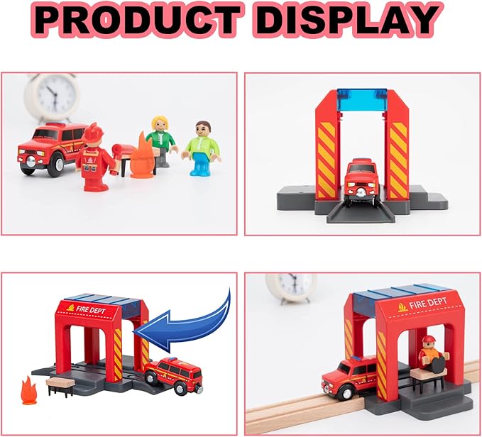 Fire Station Playset Toy for Wooden Train Track,Creative City Firestation Shed Railway Accessories Preschool Learning Educational Pretend Toys for Toddler Kids