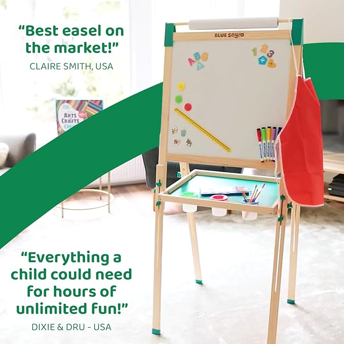 Blue Squid Art Easel for Kids - Dual-Sided Adjustable Wooden Painting Easels, Ideal Christmas Gift for Toddlers and Kid - with Magnetic Chalk Board, White Board & Paper Roll, Includes Accessories