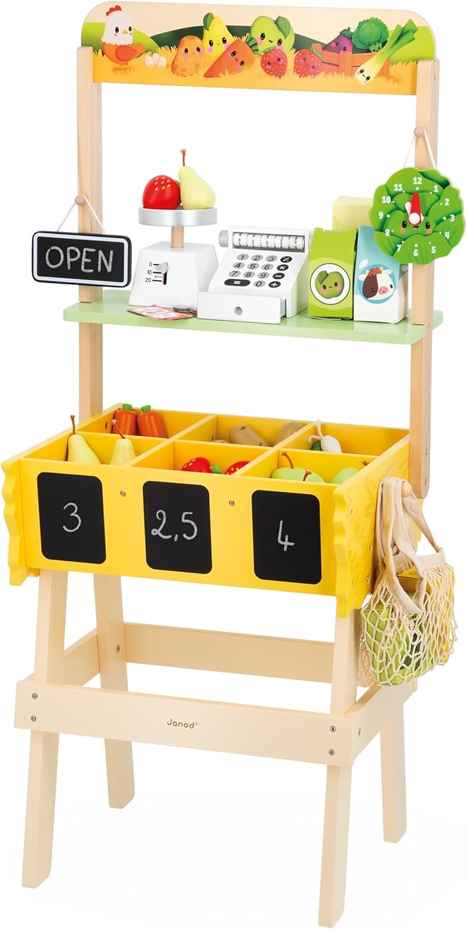 Janod - Children's Merchant Farm Market - Imitation Game for Children - 32 Accessories - Develops Imagination - FSC Wooden Toy - Water Painting - Suitable for Ages 3 and Above - J03322