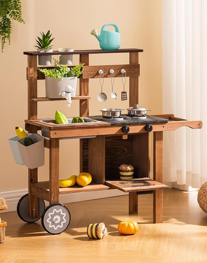 ROBUD Mud Kitchen for Kids Outdoor with Wheels, Wooden Outdoor Play Kitchen, Kids Mud Kitchen with Removable Sink & Faucet, Monteeori Toys for Children Ages 3+ Years, WG403