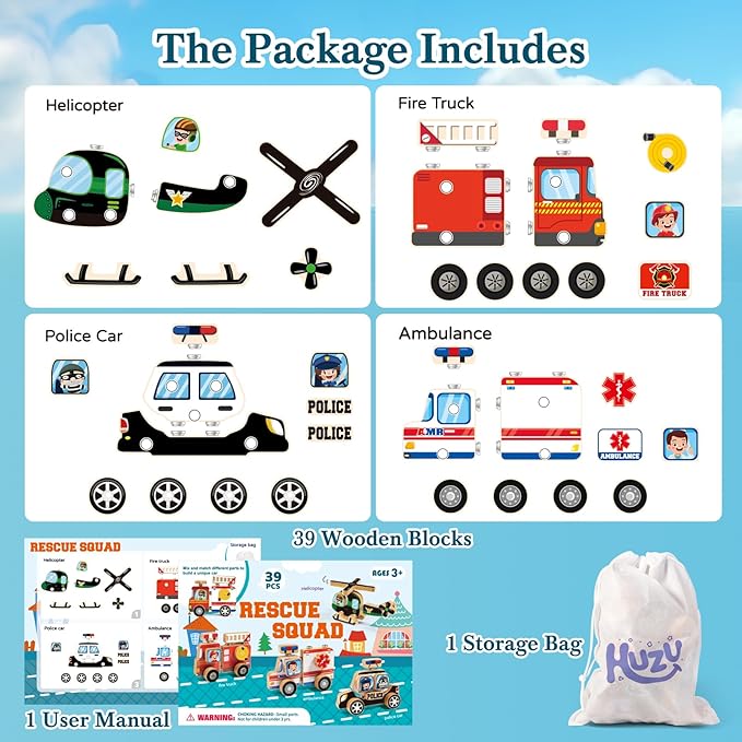HUZU Emergency Vehicles 3D Puzzle Toy, Rescue Squad Wooden Snap Button Connection Building Blocks for Kids 3-8, Fire Truck Ambulance Police Car Helicopter Montessori Gifts for Preschool Children