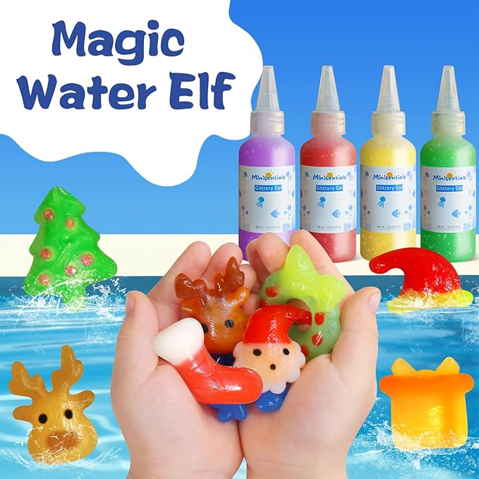 MINISENTIALS Magic Water Elf Toy Kit - Aqua Elves Water Gel Kit - Christmas Theme 20 Colors Magic Water Fairy Gel 10 Molds Squishy Maker - Party Favor Birthday Aqua Art DIY STEM Gifts for Kids