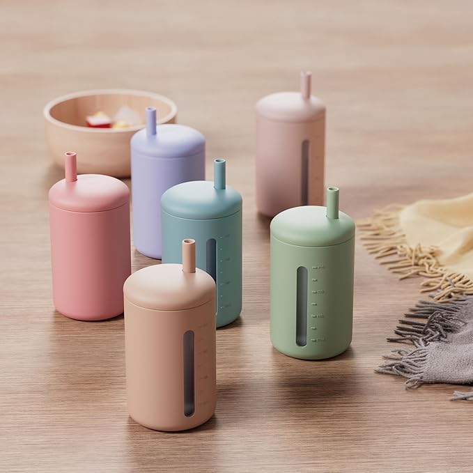 Silicone Straw Cup, 200ml Trainer Cup Toddler Training Straw Cup for Boys and Girls, Unbreakable, 100% Food Grade Silicone (Natural/Cambridge Blue)