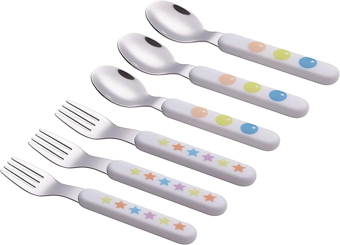 EXZACT Kids Flatware 6pcs Stainless Steel 18/10 Toddler Utensils Flatware- 3 x Forks, 3 x Spoons- BPA Free, Dishwasher Safe - 12 M+ - Stars & Dots