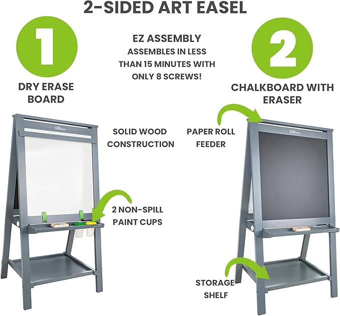 Little Partners Folding EZ Painting Easel for Kids, Dual-Sided Art Easel for Kids Art Station, Folds Flat with Chalkboard, Dry Erase Whiteboard, Paper, Eraser, Paint Cups, Shelf (Earl Grey)