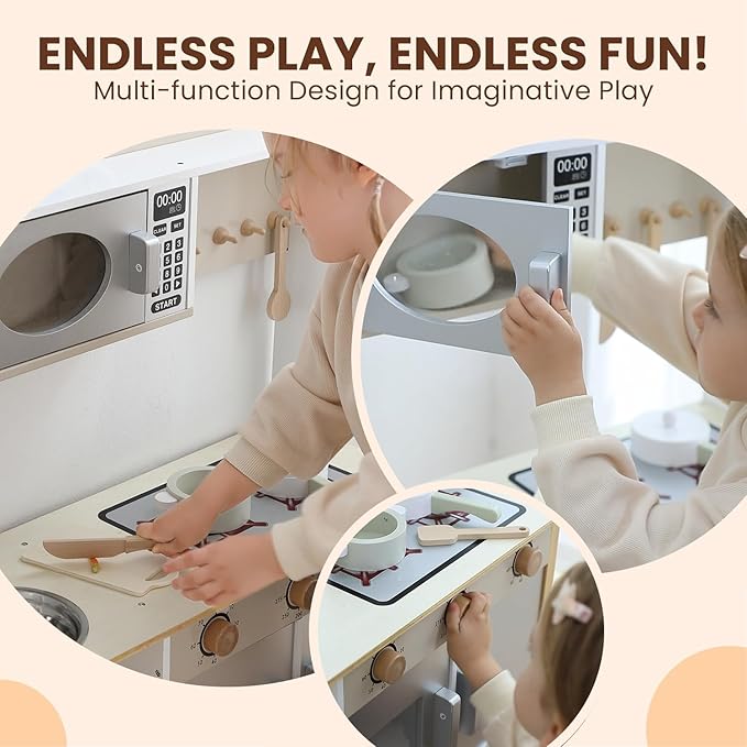 Wooden Play Kitchen, Kids Toy Kitchen Cooking Set, Kids Play Kitchen Pretend Play Set, Pretend Kitchen Playset for Toddlers Boys and Girls