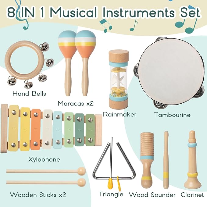 Toddlers Musical Instruments - Montessori Musical Toys for Toddlers 1-3，Modern Boho Xylophone，Neutral Colors Wooden Percussion Instruments Set