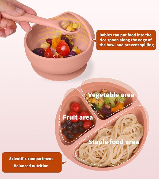 ECLIP Silicone Baby Feeding Set, 10 Pcs Baby Led Weaning Supplies with Suction Bowl Divided Plate Adjustable Bib Soft Spoon Fork Snack Cup with Lid Drinking Cup, Utensil (Brick Red)