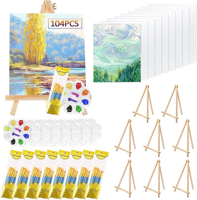 Rabbitale 104 Pcs Art Painting Kit Supplies Set for Kids to Party - 8 Packs of 80 Brushes, 8 Wood Easels(8 * 12in), 8 Canvas Panels(8 * 10in) & 8 Palettes(5in), No Paint