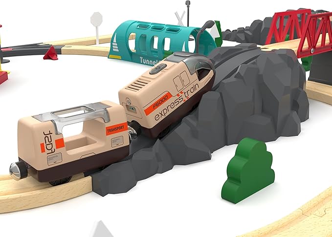 Electric Train for Wooden Track, Remote Control Train Toy, Motorized Train and Tunnel with Voice & Lights Effect, Battery Operated Locomotive Train Set Compatible with Thomas, Brio, Chuggington