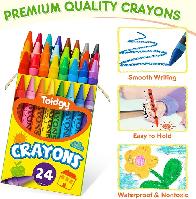 Crayons 24 Pack Assorted Colored, Toddlers & Kids, Back to School Supplies, Durable & Non-Toxic Travel Crayons Party Favors