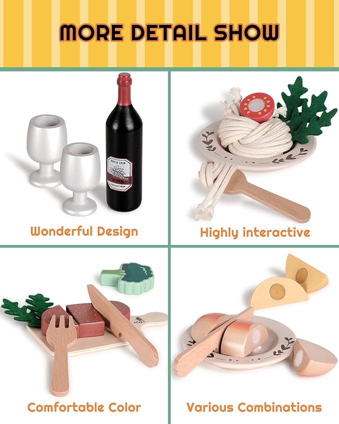 Wooden Play Food Set, Wooden Food Toys for Toddlers 1-3, Wooden Kitchen Toys Include Steak Pasta Wine Shopping Bag, Montessori Kitchen Tools for Toddlers, Cut Fruit Gift for Girl Boy 3-5 Years