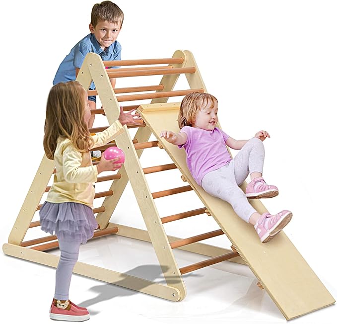 Costzon Foldable Climbing Toys for Toddlers, 3 in 1 Montessori Wooden Triangle Climber for Sliding & Climbing, Kids Indoor Climbers & Gym Play Structures for Boys Girls Gift Present