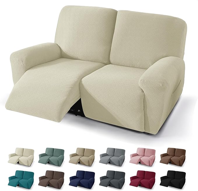 JIVINER 4 Pieces Recliner Loveseat Covers Stretch Recliner Sofa Slipcover with Elastic Bottom Jacquard Fitted Reclining Couch Cover Furniture Protector with Pockets (2 Seater, Beige)