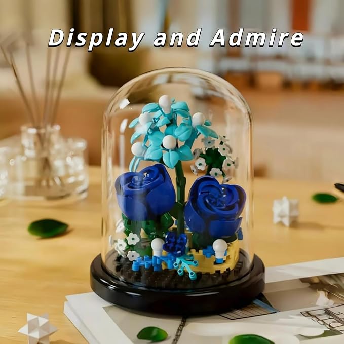 Blue Rose Flowers Micro Bricks Building Set with Dust Cover,Artificial Flowers Botanical Collection for Home Decor, Creative Gifts for Adults Women Boys Girls,270 Pieces