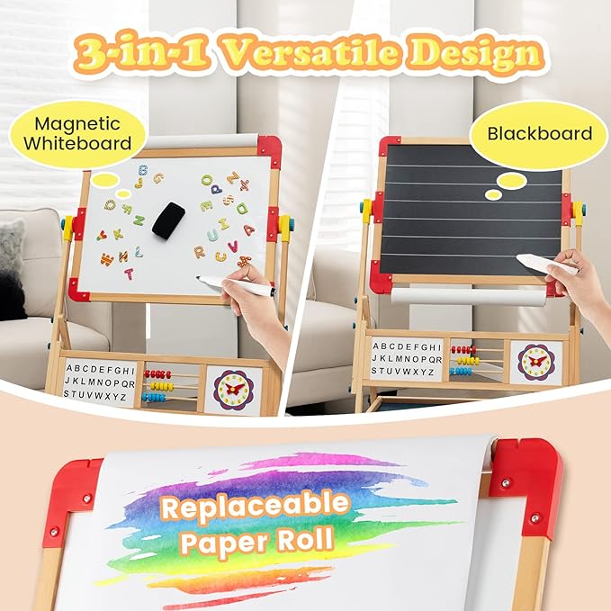 HONEY JOY Easel for Kids, Rotatable Double-Sided Wooden Toddler Easel w/Magnetic Chalkboard & White Board, Paper Roll, Painting Accessories, Dry Erase Board, Art Easel for Boys Girls