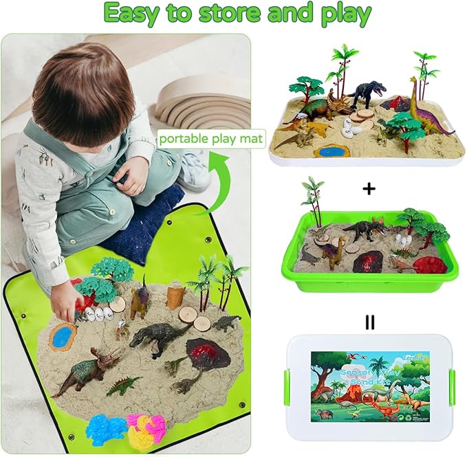 Dinosaur Sensory Bin Sandbox Toys, Dinosaur Play Sand Kit for Toddlers Kids Sensory Sand Toys, Sensory Bins for Toddlers 1-3-4, 2.2lbs of Magic Sand Dino Figures Sand Molds, Kids Gifts for Boys Girl
