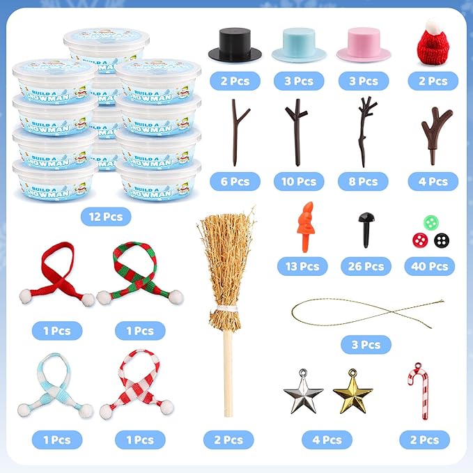 Shemira 12 Pack DIY Snowman Kit, Christmas Crafts for Kids, Modeling Air Dry Clay Craft Kits for Kids, DIY Christmas Ornaments Kits, Christmas Party Favors Stocking Stuffers for Kids, Christmas Gifts