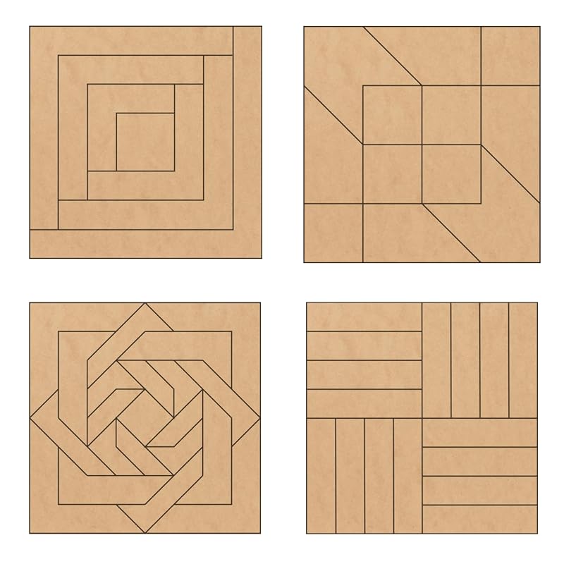 Set of 4 Barn Quilt Kit DIY Pattern Unfinished Wood Quilting Block Sign Paintable Art for Adults and Kids (6 Inches Square) (Log Cabin, Road to Oklahoma, Slip Knot, Rail Fence)