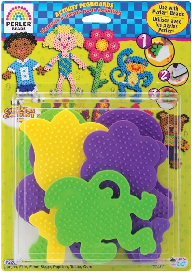 Perler 22645 Fuse Bead Pegboards 7-Pack-Boy/Girl/Bear/Monkey/Butterfly/2 Flowers