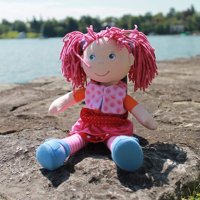 HABA Lilli-Lou 12" Soft Doll with Pink Hair in Pigtails, Blue Eyes & Embroidered Face, Machine Washable Baby Doll for Ages 18 Months+