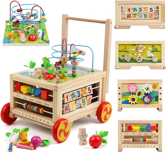 Wooden Activity Cube 7-in-1 Montessori Toy Multipurpose Educational Learning Toy for 1+ Year Old Baby Toddler Kid Boy First Birthday Gift Bead Maze Gear Number Animal Board Carrots Harvest Game