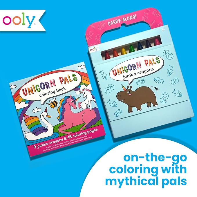 Ooly Travel Art Kit with 9 Jumbo Crayons & 48 Themed Coloring Pages & Case for Easy Traveling Art Creation, Perfect Airplane Travel Set to Entertain Kids - Unicorn Pals