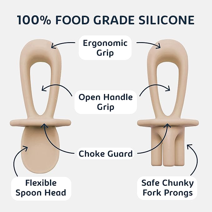 Tiny Twinkle Silicone Training Utensils - Baby Spoons and Baby Forks For Self-Feeding Training - Silicone Baby Led Weaning Utensils For Toddlers And Babies 6-24 Months - Baby Feeding Supplies (Sand)