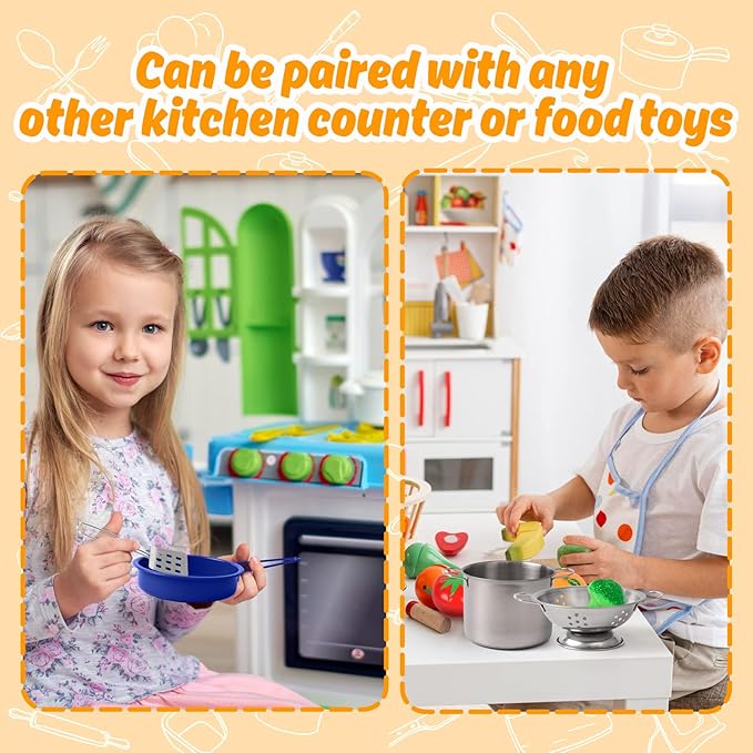Kids Play Kitchen Toy Accessories Set Toddler Cooking Playset Colorful Stainless Steel Pots and Pans Birthday Gifts for 3+ Girls Boys (Blue)