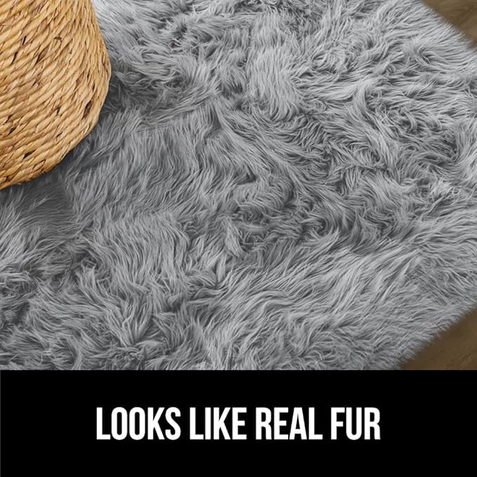 Gorilla Grip Fluffy Faux Fur Rug, 4x6, Machine Washable Soft Furry Area Rugs, Rubber Backing, Plush Floor Carpets for Baby Nursery, Bedroom, Living Room Shag Carpet, Luxury Home Decor, Gray