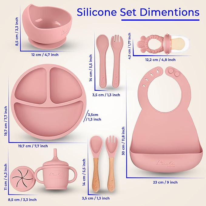 Silicone Baby Feeding Set - BPA-Free - Baby Led Weaning Supplies, Complete Kit toddler eating essentials – Empower Your Little One's Independence with LimOr's baby essentials 6-12 months (Pink)