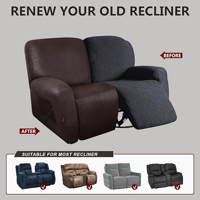 Loveseat Recliner Slipcover Large Size Oversized - 6 Pieces Stretch Leather Like Recliner Sofa Cover for 2 Seat Dual Reclining Loveseat Couch Furniture Protector (Chocolate)