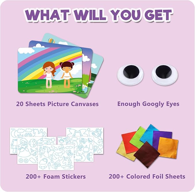 SOOVSY 200 Sheets Princesses & Unicorns Foil Art Fun Kit for Kids, Foil Art for Kids Art Craft DIY Creative Activity Birthday Christmas Gift Travel Toys for 4 5 6 7 8 9 Years Old Kids Girls Boys