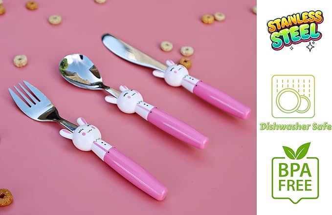Exzact Children Flatware Pink Rabbit 6pcs Stainless Steel, Kids Silverware Toddler Utensils - BPA Free, Dishwasher Safe, 24M+