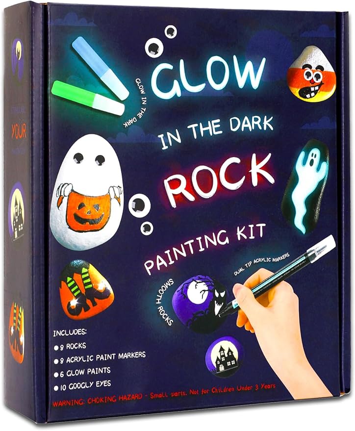 JULEASEL Rock Painting Kit, Glow in The Dark Rock Craft Paint Kits, Arts and Crafts for Kids Ages 6-12, Holiday DIY Crafts for Girls & Boys with Mess-Free Paint Pens Markers