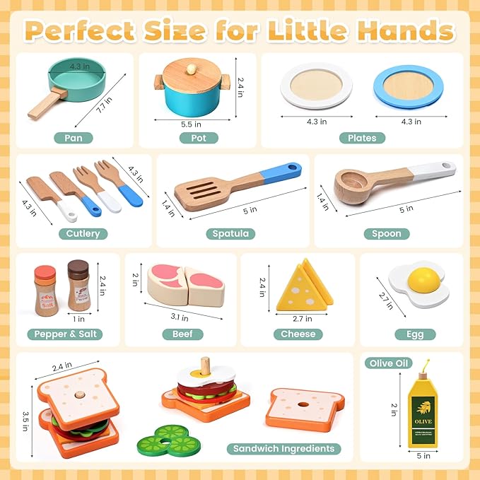35 PCS Wooden Play Kitchen Accessories, Pretend Play Kitchen Toys for Kids Toddlers, Wooden Play Cooking Set Play Food Cookware Pots Pan Dishes, Gifts for Girls Boy 3 4 5 6 Years Old