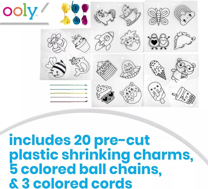 Ooly Shrink-Its 28 PC DIY Shrinking Art Kit That Creates Charms and Tags, Includes 20 Plastic Pre Cut Charms and More, No Mess Art for Kids, DIY Creative Activity, Ideal Party Favor - Cute Crew