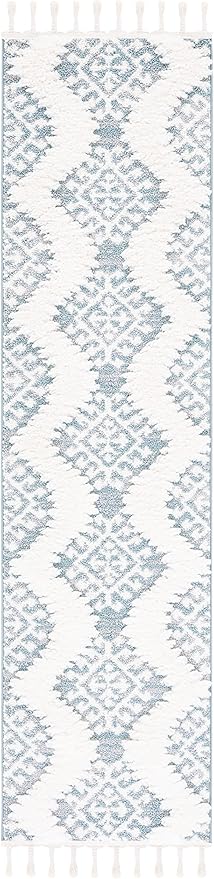 Safavieh Moroccan Tassel Shag Collection Runner Rug - 2'3" x 10', Teal & Ivory, Rustic Trellis, Non-Shedding & Easy Care, 2-inch Thick Ideal for High Traffic Areas in Living Room, Bedroom (MTS652K)