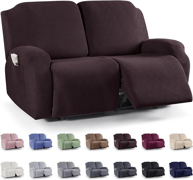 KinCam Recliner Covers, Stretch Reclining Chair Covers, Recliner Sofa Slipcovers Stripe Jacquard Recliner Couch Covers Furniture Protector Covers for Pet Kid (2XL Seater, Chocolate)