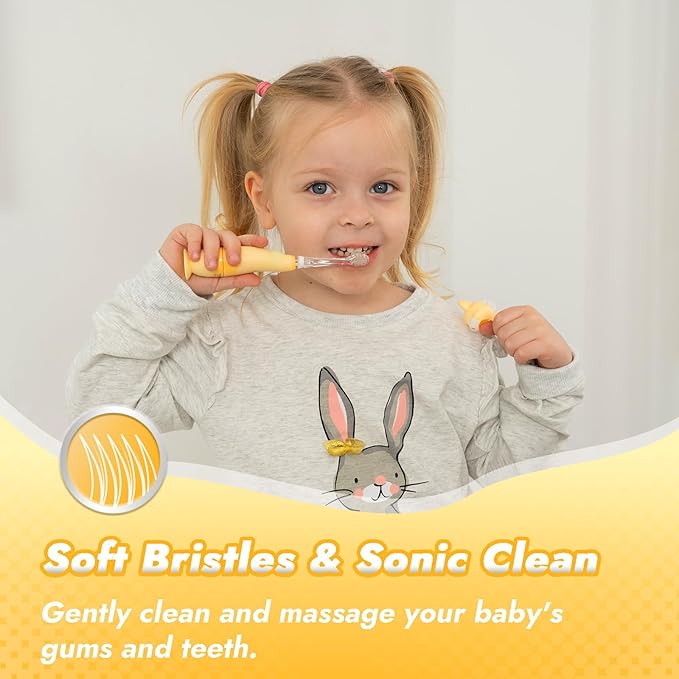 Papablic Toddler Sonic Electric Toothbrush for Ages 1-3 Years, Baby Electric Toothbrush with Cute Rabbit Cover and Smart LED Timer, 2 Brush Heads (Bunny)