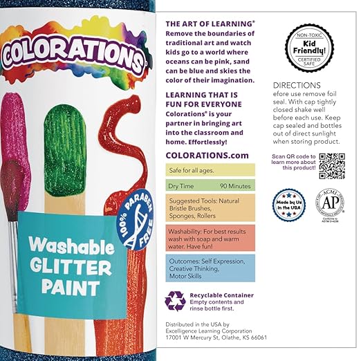 Colorations Washable Glitter Paint, 16 fl oz, Black, Non Toxic, Vibrant, Bold, Kids Paint, Craft, Hobby, Fun, Art Supplies