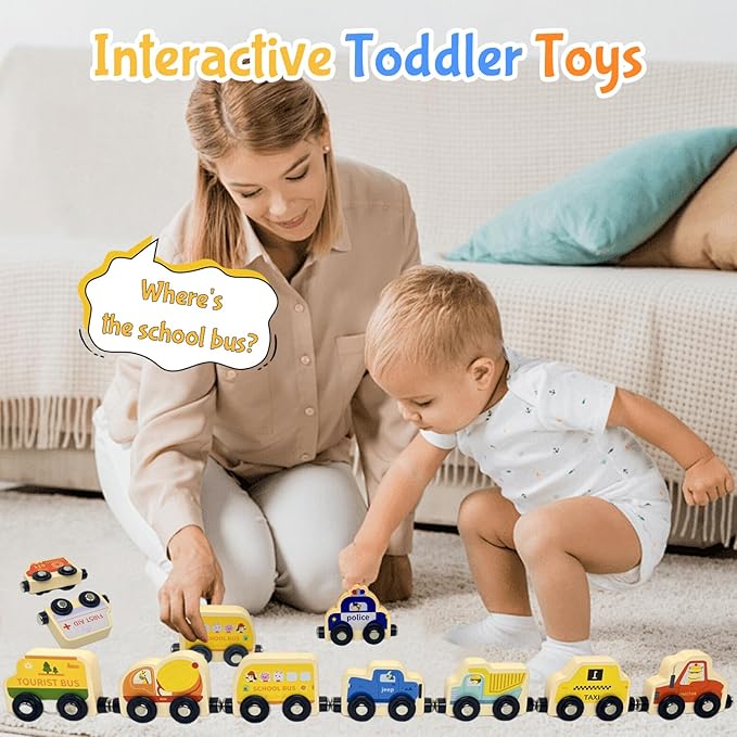 Montessori Toys for Toddler Age 1-3, Toddler Toy Wooden Magnetic Traffic Train Set with Playmat/Storage Bag for Baby Boy, Birthday for 1 2 3 Years Old Boys & Girls