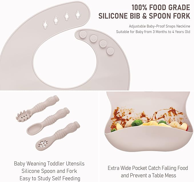 Baby Weaning Set, Silicone Baby Feeding Set(10 Pcs), Toddler Weaning Set with Adjustable Bib, Suction Bowl, Plate, Fork, Spoon, Water & Snack Cup Kit, Baby Led Weaning Kit for Babies and Kids