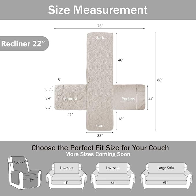 Beige Quilted Recliner Covers, Water-Repellent Recliner Slipcovers, Lazy Boy Chair Covers, Pet Friendly Recliner Cover for Dogs Cats, Washable Furniture Protector (Recliner 22", Beige Cream)