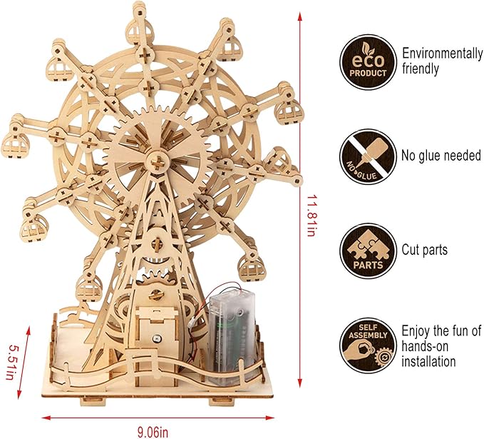 auryee Solar 3D Wooden Puzzle Ferris Wheel DIY Model Kit Craft Sets Educational Wood Mechanical Building Toys for Adult Men Kids Age 8 10 12 14＋